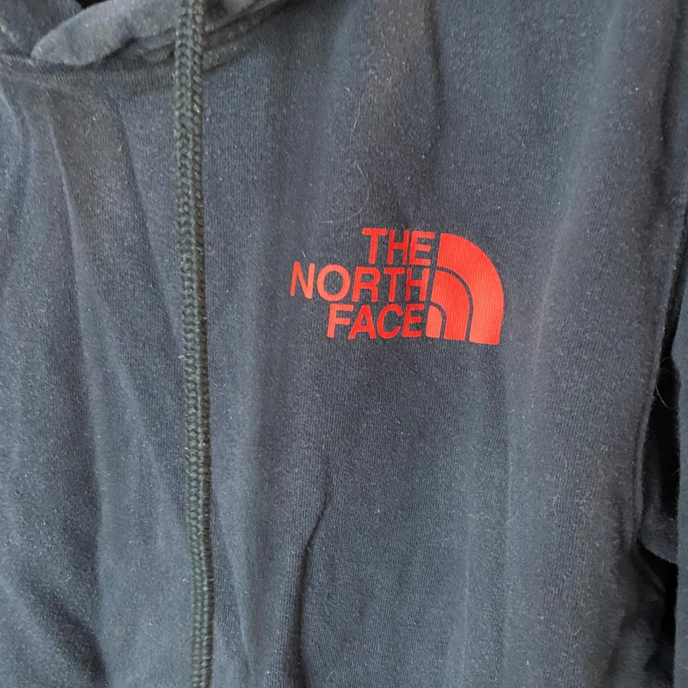 FLAW The North Face Hoodie Mens M Navy Blue Red Logo Mountain Graphic Pullover - Picture 4 of 8